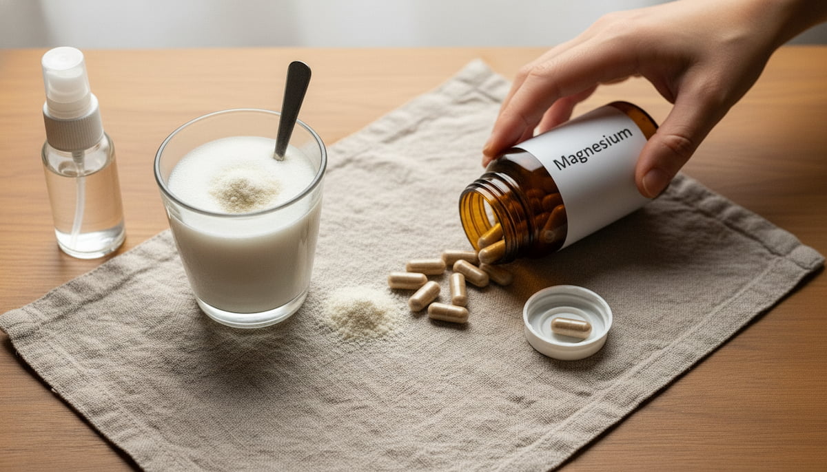 Top view of three types of magnesium, spray, powder and tablets.