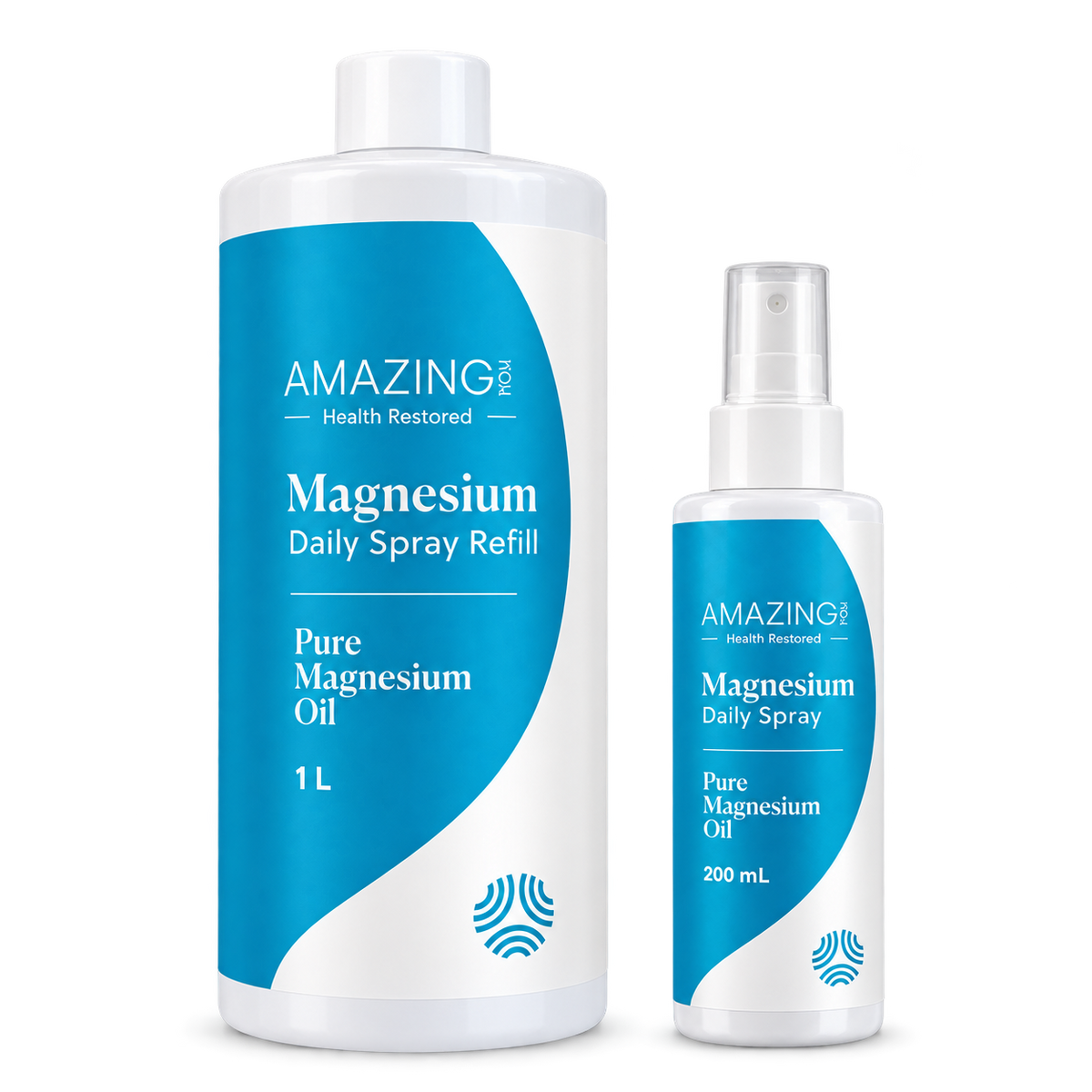 Daily Magnesium Spray 1 L refill with 200 mL spray on a clear background