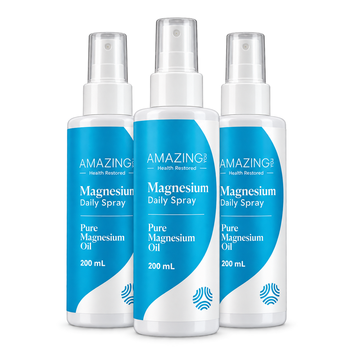 Three Daily Magnesium Spray 200 mL bottles on a clear background