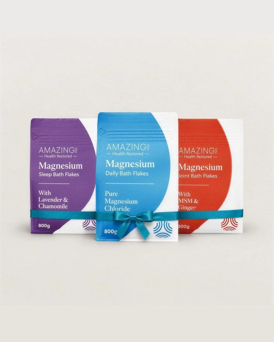 Daily, Sleep and Joint Magnesium Flakes tied together with a teal ribbon