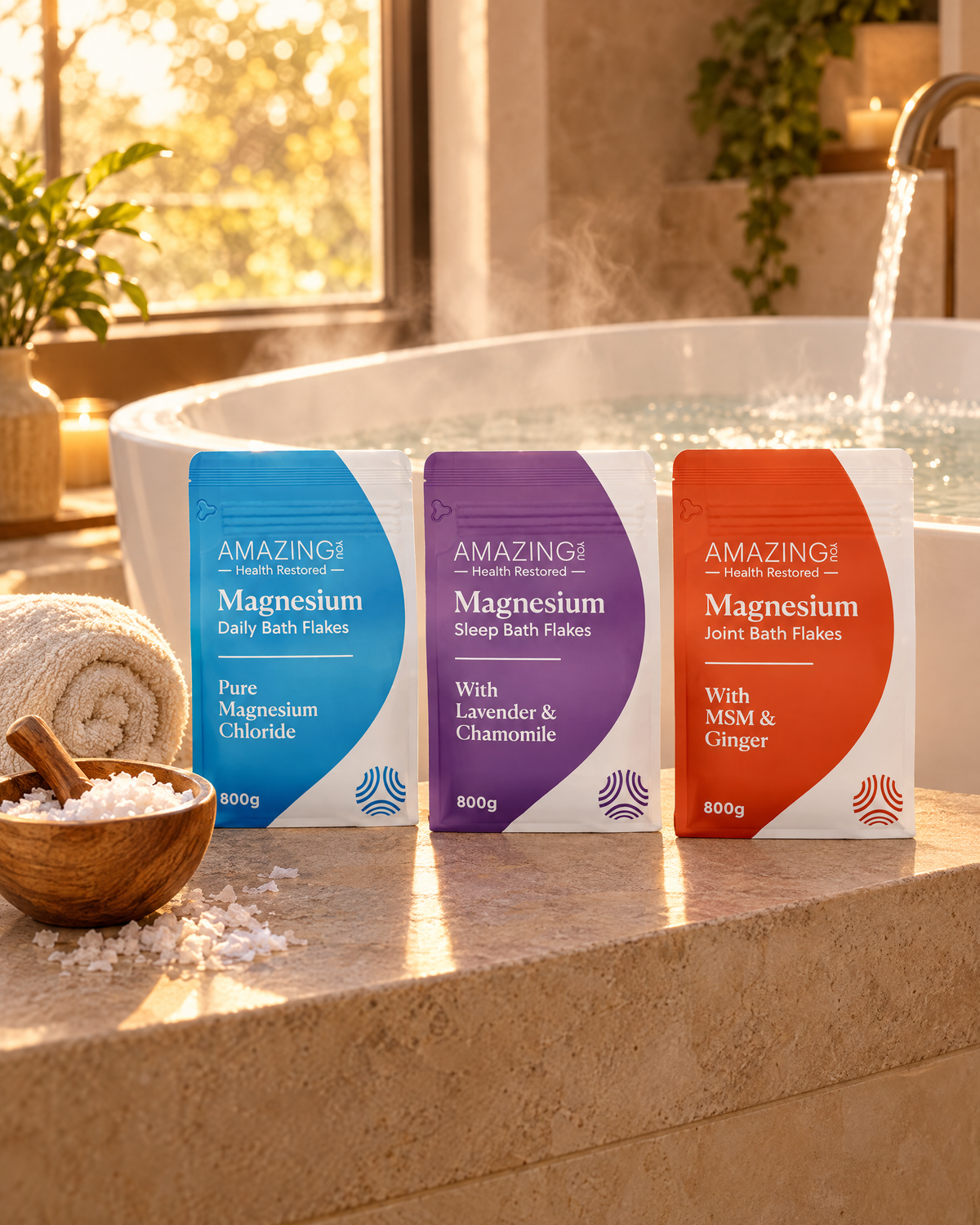 Daily, Sleep and Joint Magnesium Flakes on the edge of a running bath