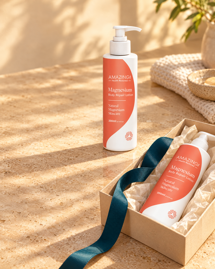Two Body Repair lotion bottles, one in an open gift box