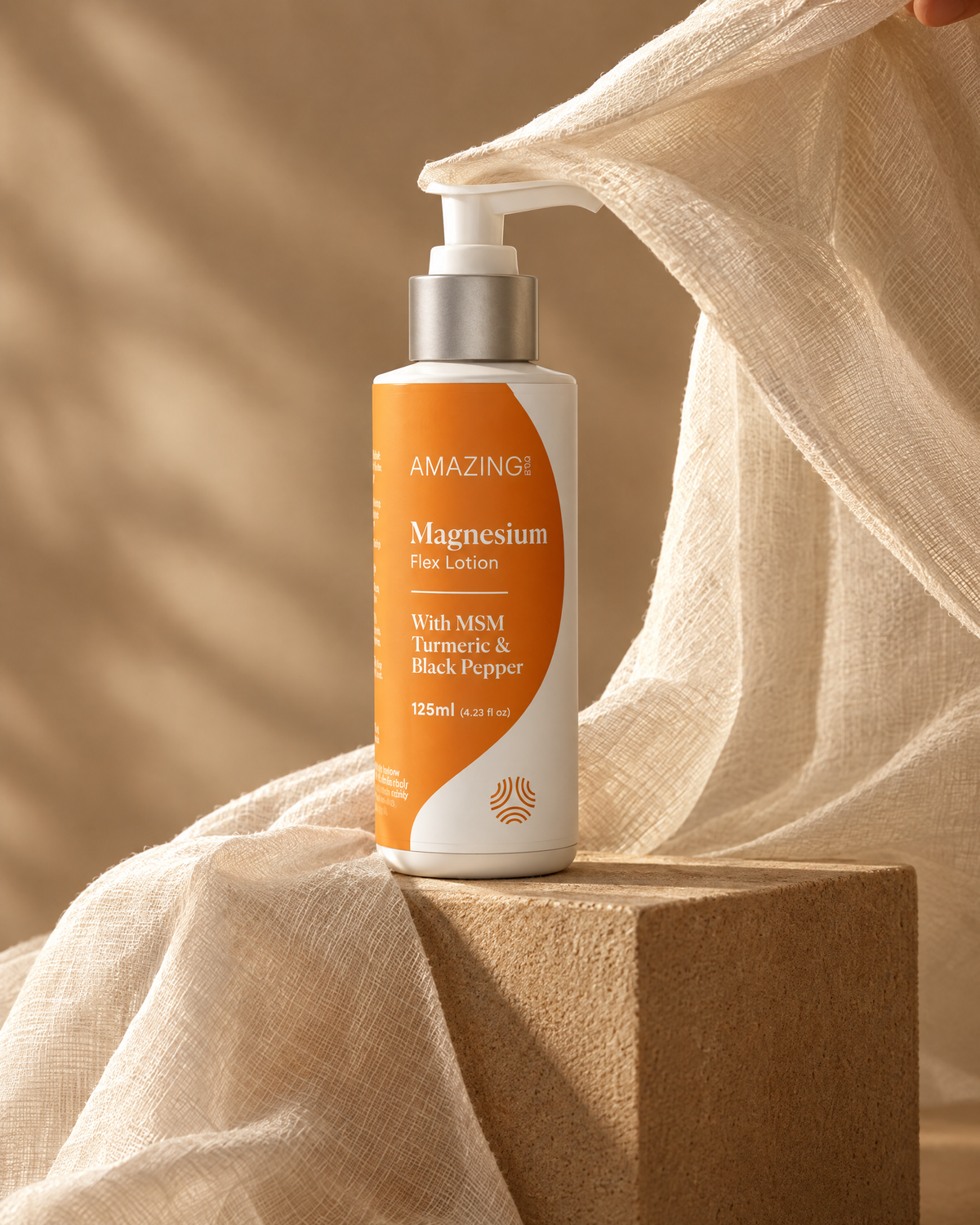Flex Magnesium Lotion being unveiled from under a linen cloth