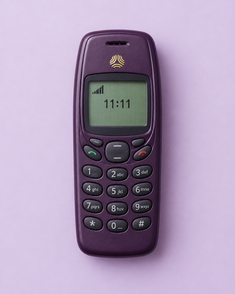 A retro purple mobile phone showing 11:11