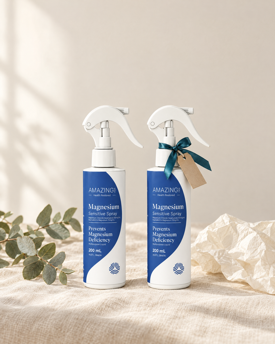 Two Sensitive Magnesium Spray bottles, one tied with a teal ribbon