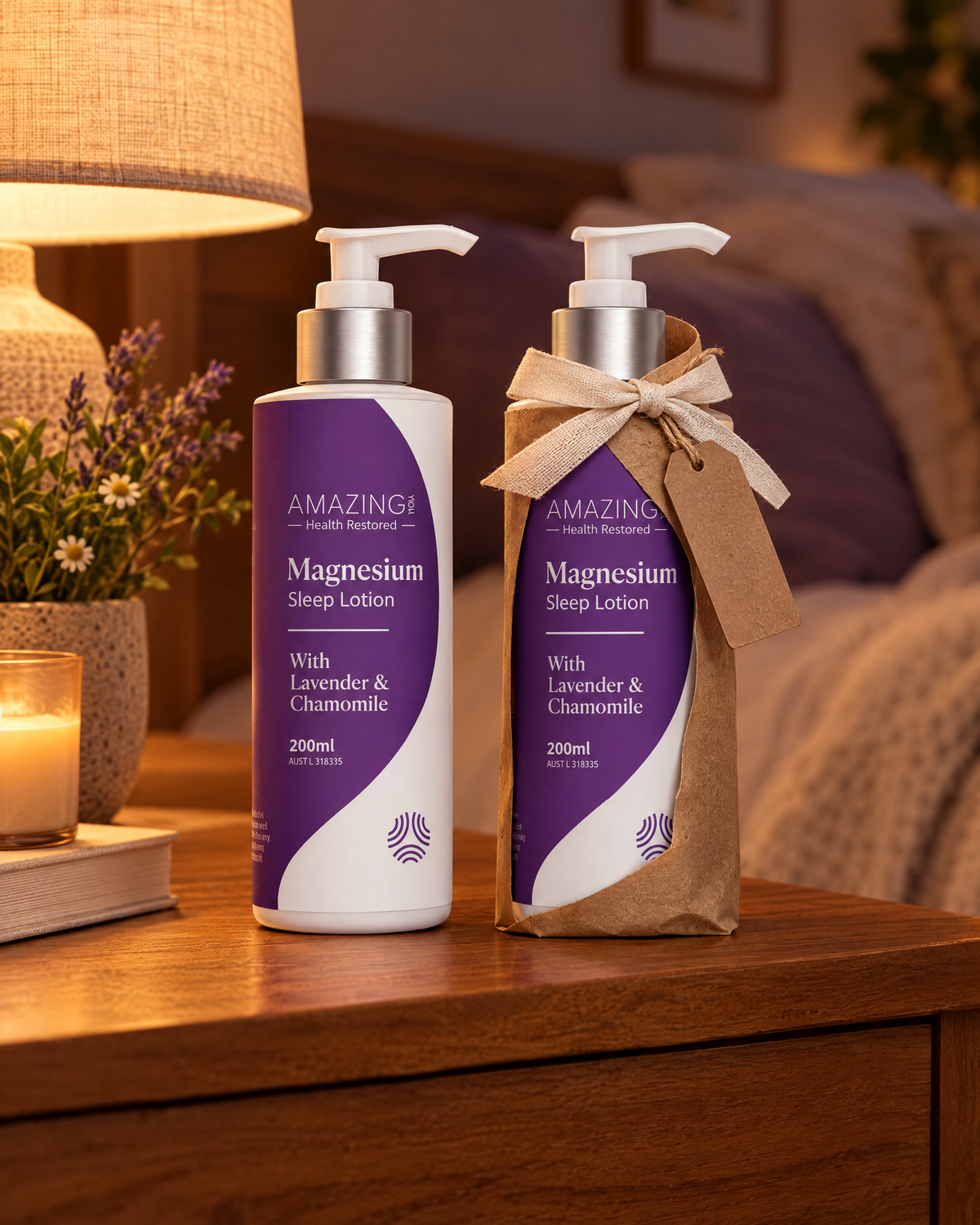Two Sleep Magnesium Lotion bottles on a bedside table, one wrapped as a gift