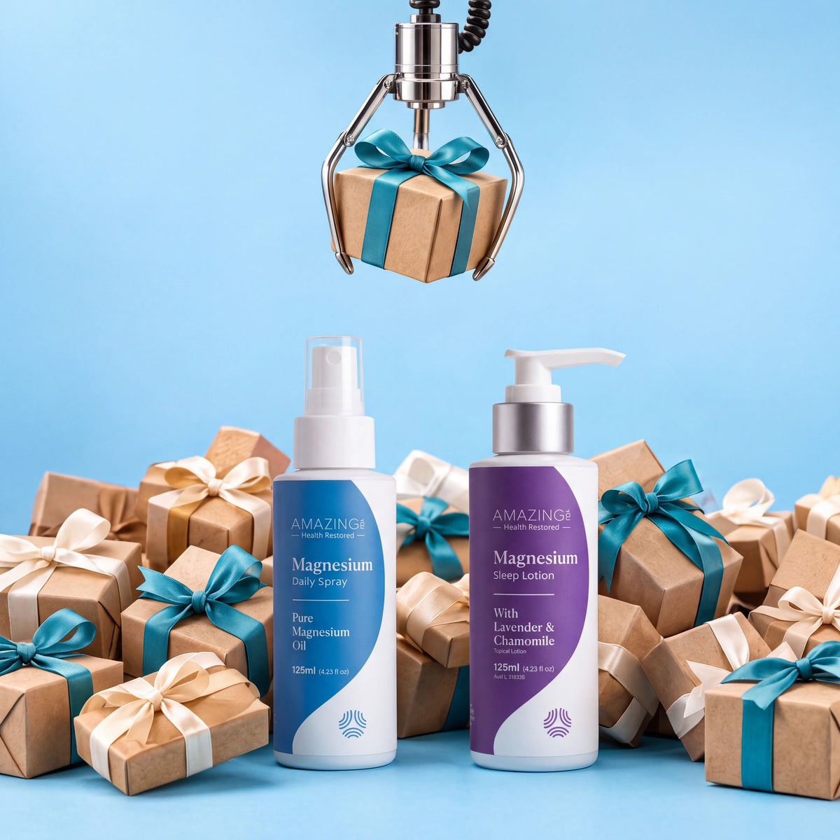 An arcade claw lifts a gift above Daily Spray 125ml and Sleep Lotion 125ml bottles
